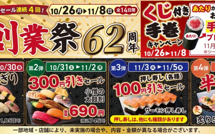 【小僧寿し創業62周年】20貫980円、人気商品300円引き、炙り寿司半額！10月26日（月）から「創業祭」開催
